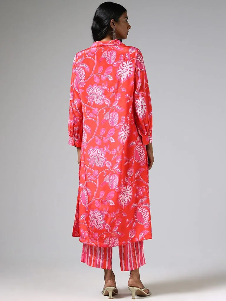 Vark Pink Button Down Print Kurta & Straight Pants Set