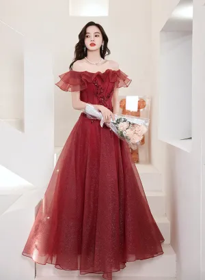 Wine Red Tulle Off Shoulder Long Party Dress, Wine Red A-line Prom Dress