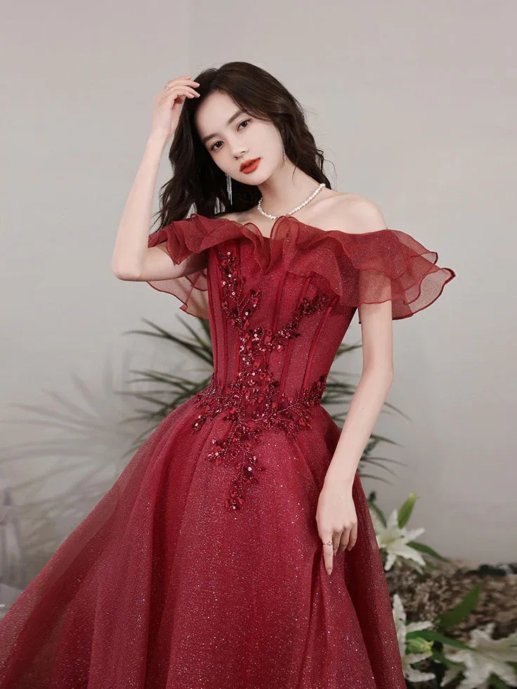 Wine Red Tulle Off Shoulder Long Party Dress, Wine Red A-line Prom Dress