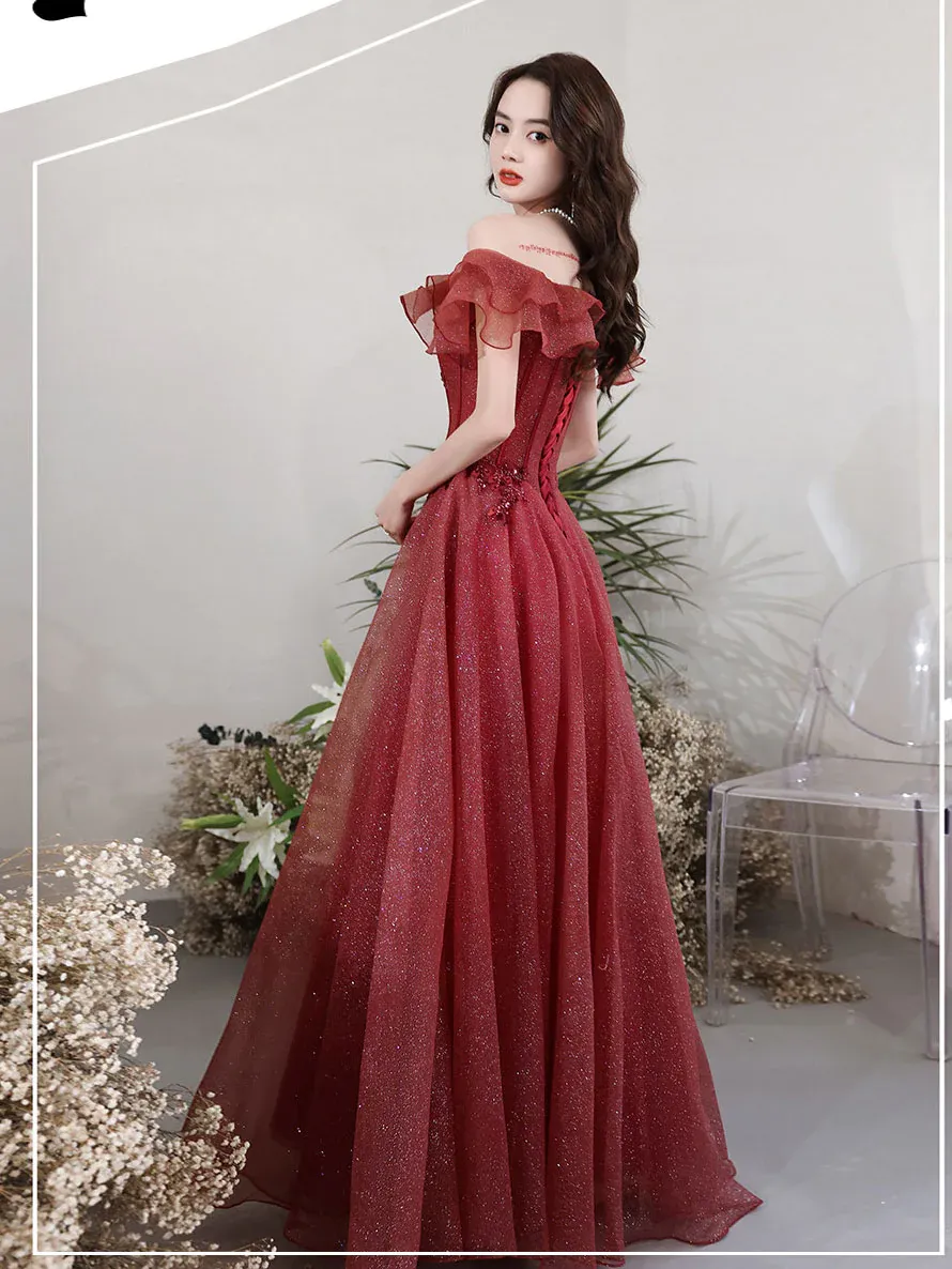 Wine Red Tulle Off Shoulder Long Party Dress, Wine Red A-line Prom Dress