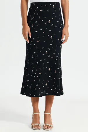 Women Black Printed Rib Skirt