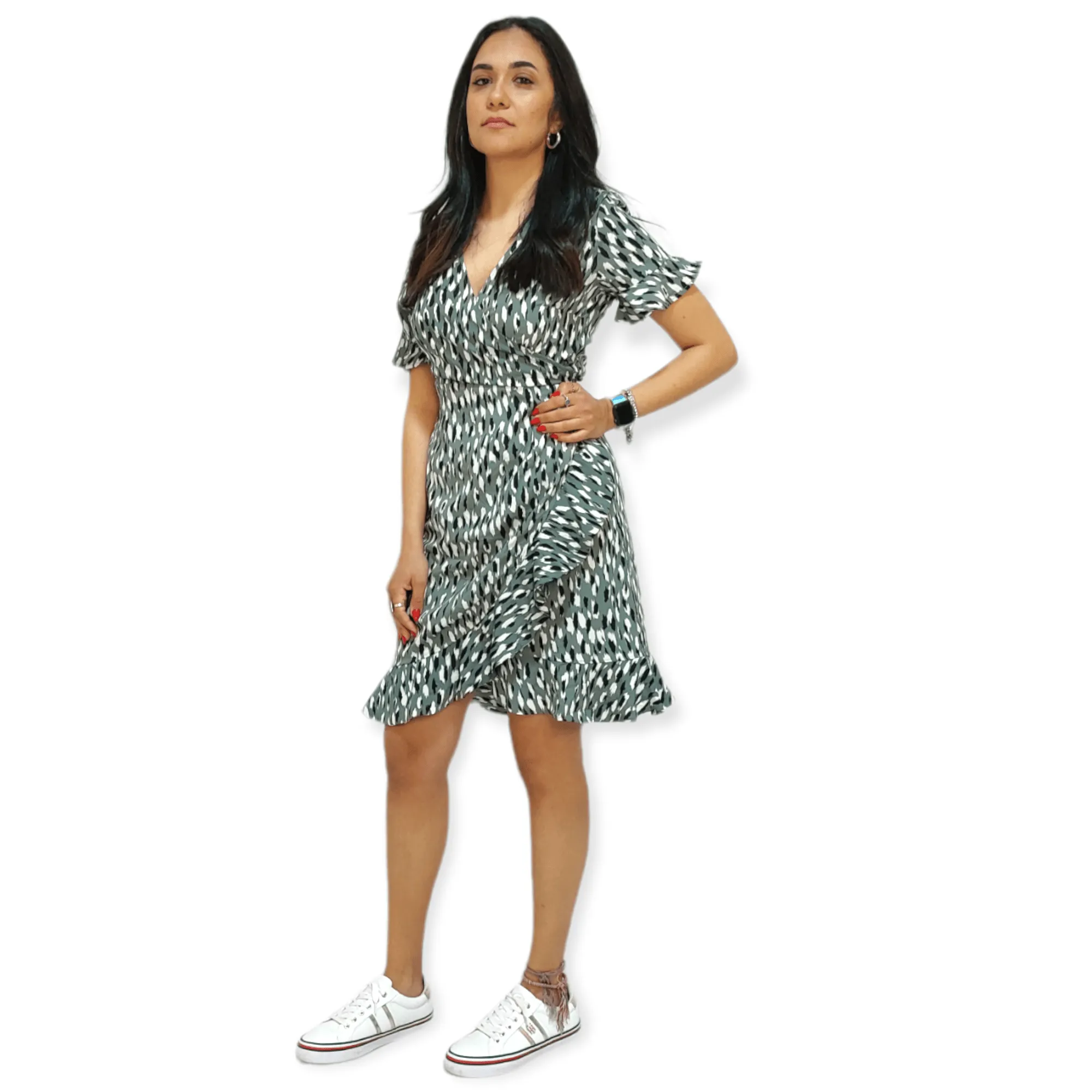 Women Summer Dress (Polyester) - Green x White x Black