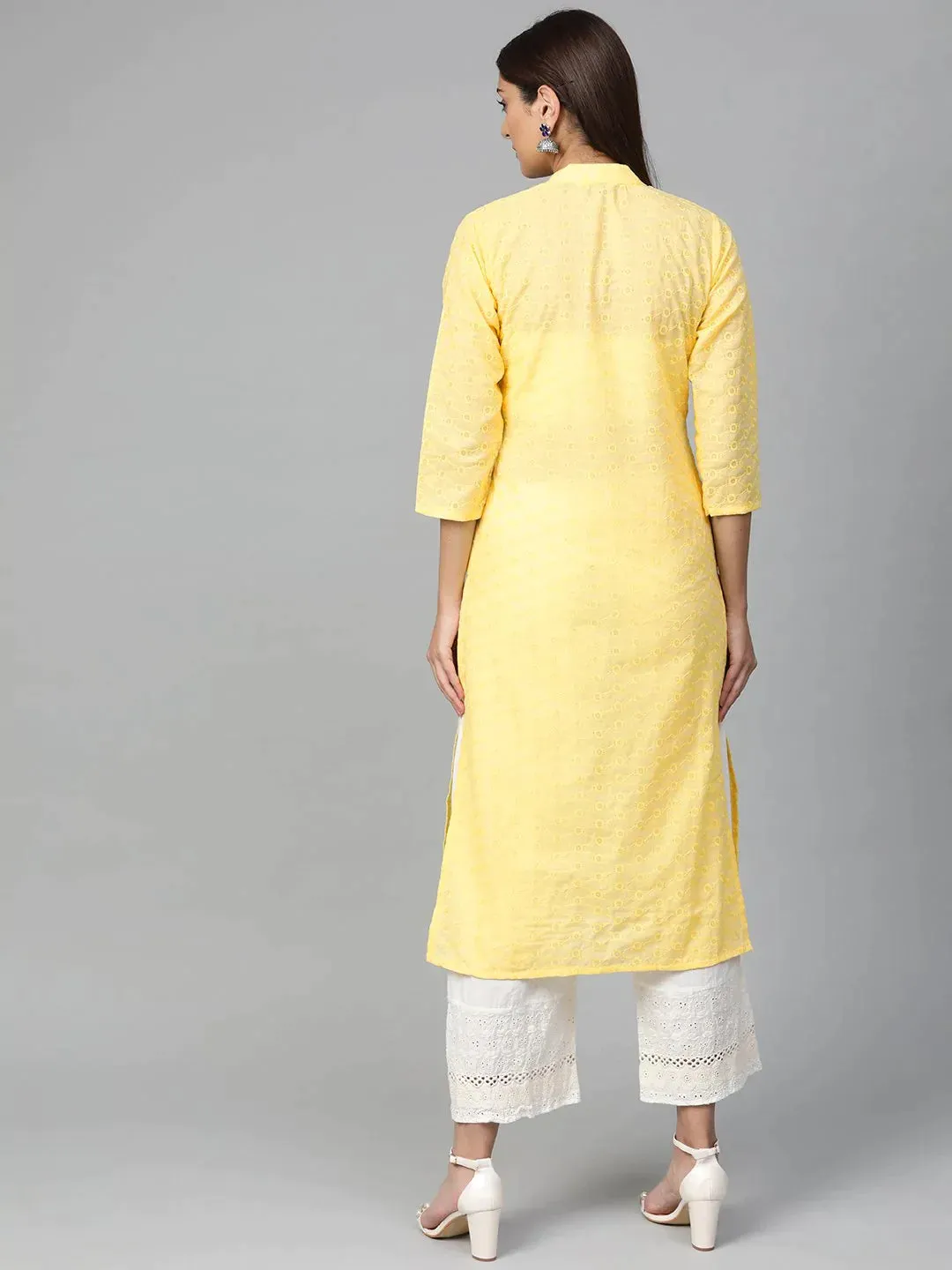 Women Yellow Chikankari Embroidered Semi-Sheer Straight Kurta