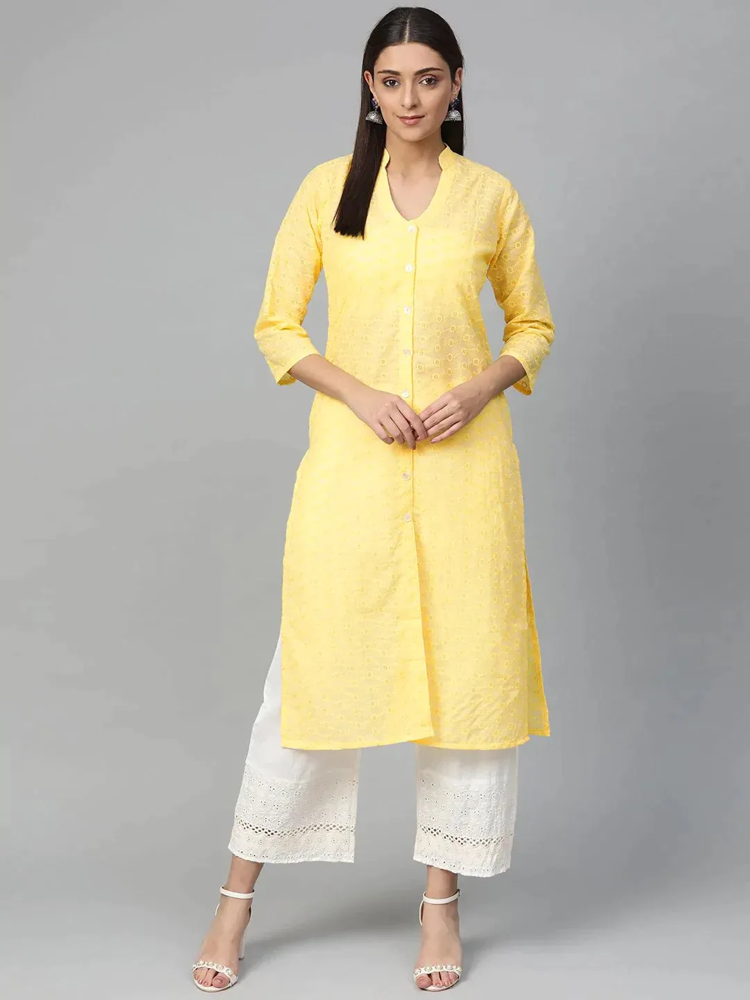 Women Yellow Chikankari Embroidered Semi-Sheer Straight Kurta