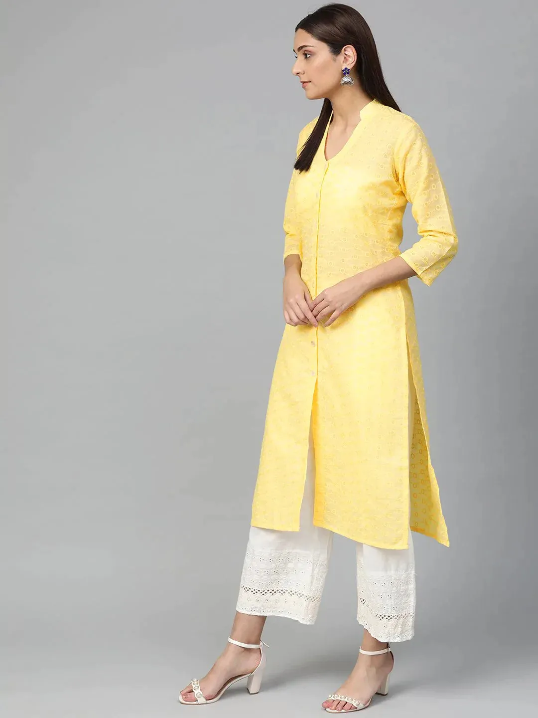 Women Yellow Chikankari Embroidered Semi-Sheer Straight Kurta