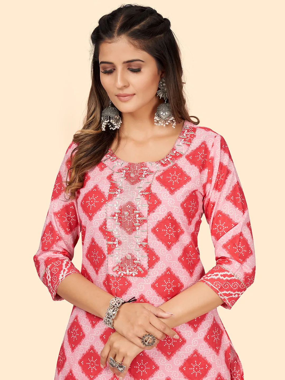 Women'S Bandhani Print & Embroiderd Straight Cotton Pink Stitched Kurta