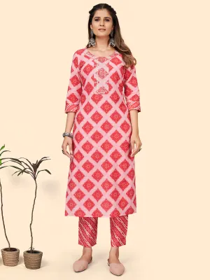 Women'S Bandhani Print & Embroiderd Straight Cotton Pink Stitched Kurta