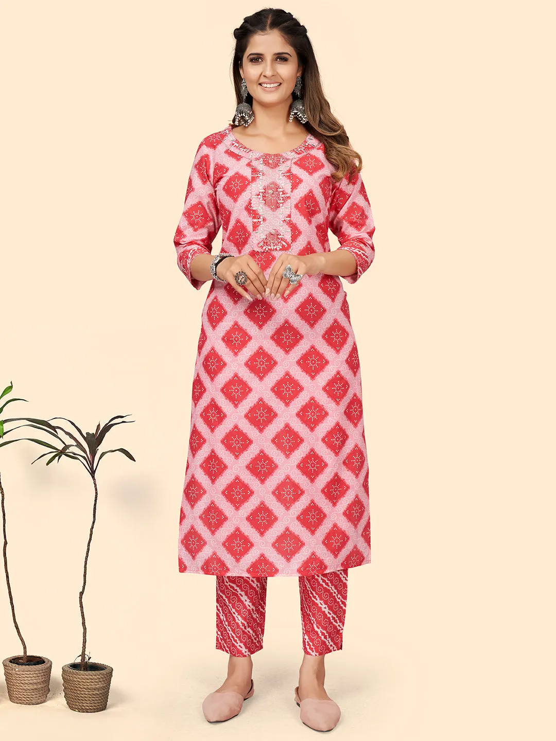 Women'S Bandhani Print & Embroiderd Straight Cotton Pink Stitched Kurta