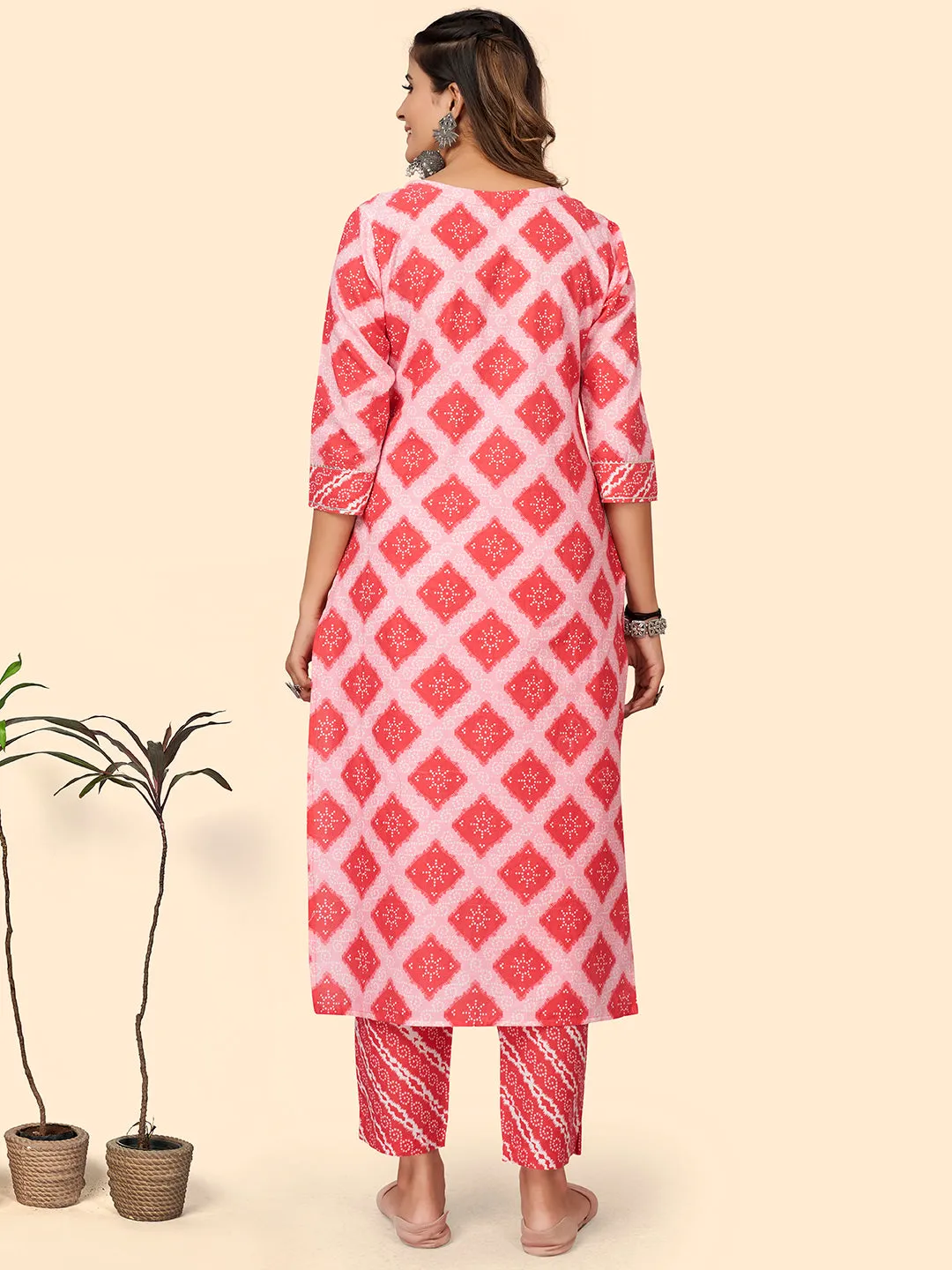 Women'S Bandhani Print & Embroiderd Straight Cotton Pink Stitched Kurta